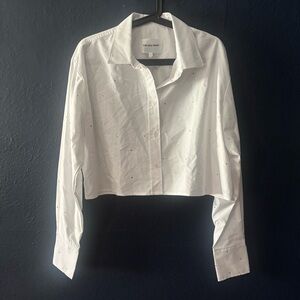 The Noli Shop White Rhinestone Cropped Button-Up Shirt - Size S